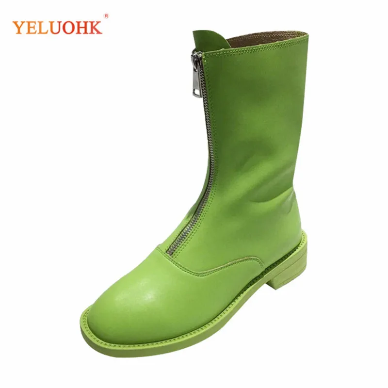 Ботильоны женские на низком каблуке с молнией спереди зеленые черные белые