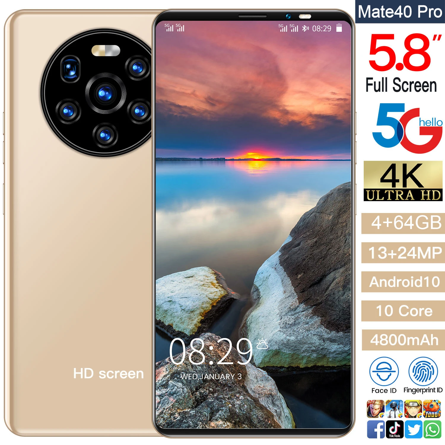 

5.8 Inch Mate40 Pro 5G Phone Global Version Cellphones 12GB RAM 512GB ROM MTK6889 Face ID 4800mAh Android 10 Dual SIM Smartphone