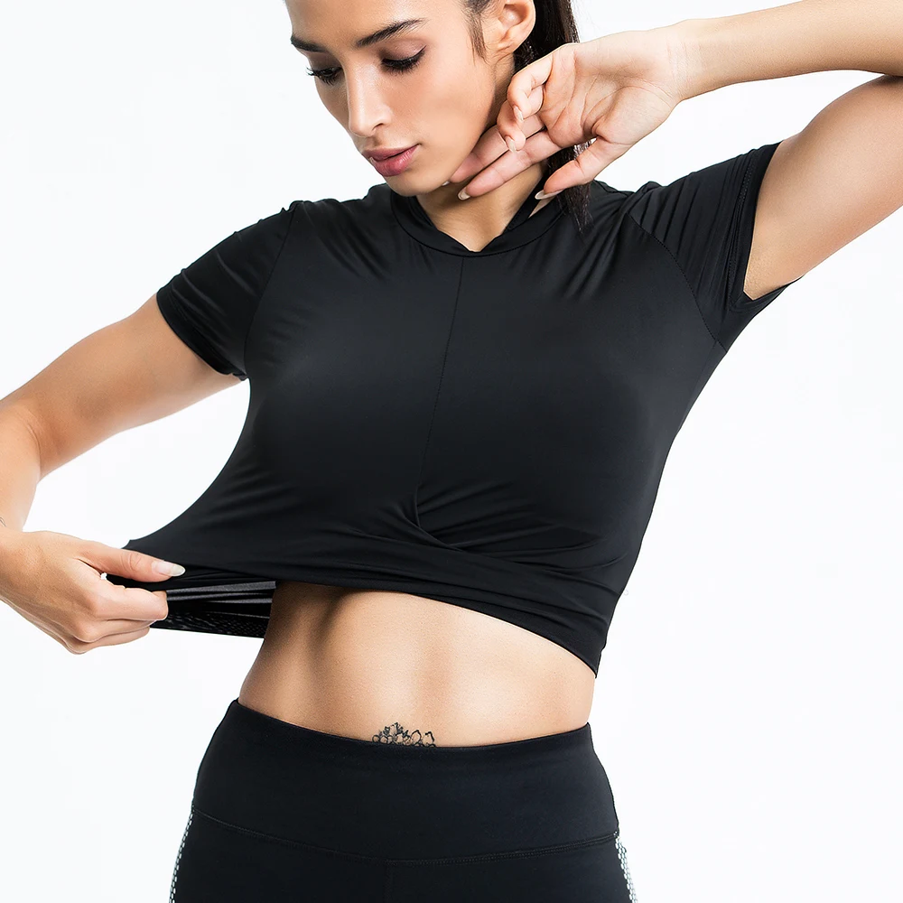 

Yoga Crop Top Ruched Quick Dry Sweatshirt on-trend Yoga Clothes Short sleeves Causual Tank loos cut in Black White