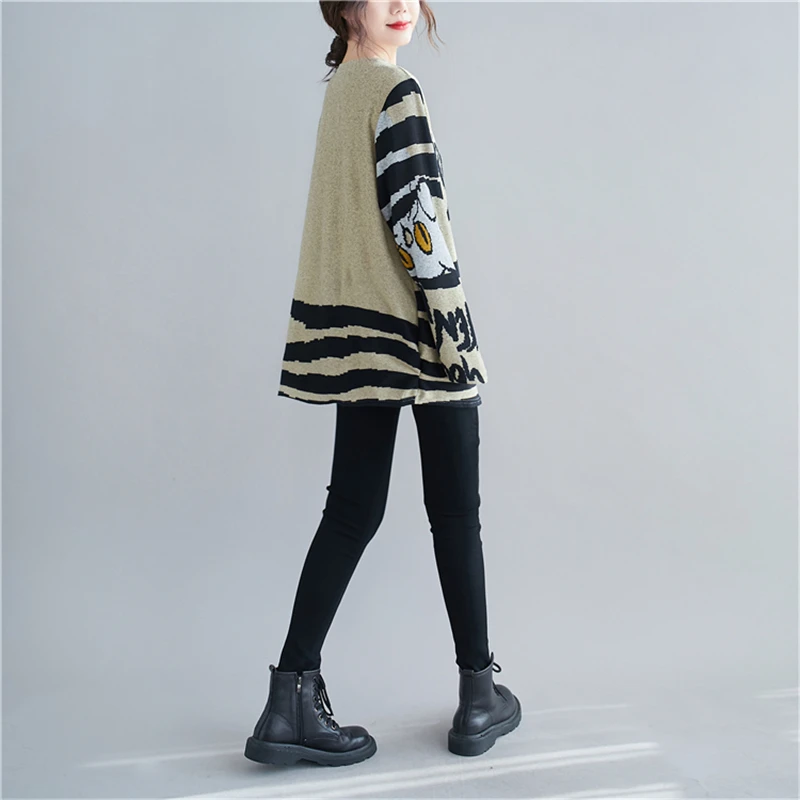 

Plus Size Cat Print Knitted T Shirt Women Cotton Long Sleeve T-shirt Graphic Tees Kawaii Tops Tshirt 2021 Camiseta Mujer Femme