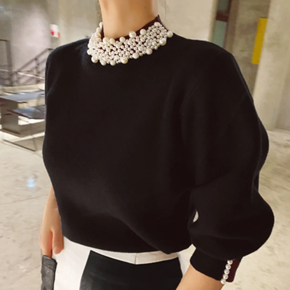 

2021 Autumn Winter New Sweater Solid Color Beading Round Neck Long Sleeve Korean Fashion Turtleneck Thicken Pullover Womens