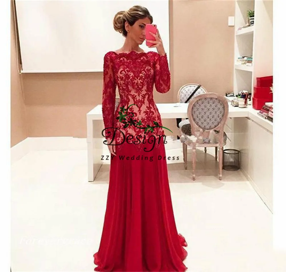 

Red Chiffon Long Sleeves Scoop Mother of the Bride Dresses Lace Formal Godmother Women Wear Evening Wedding Party Guests Dresses