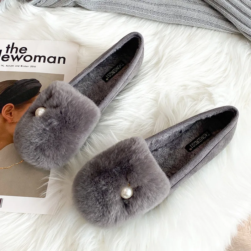 

Hairy Women's Shoes Women's Thick-soled Winter New Round-toed Peas Shoes Women's Outer Wear Plus Velvet Warm Flat Shoes Women