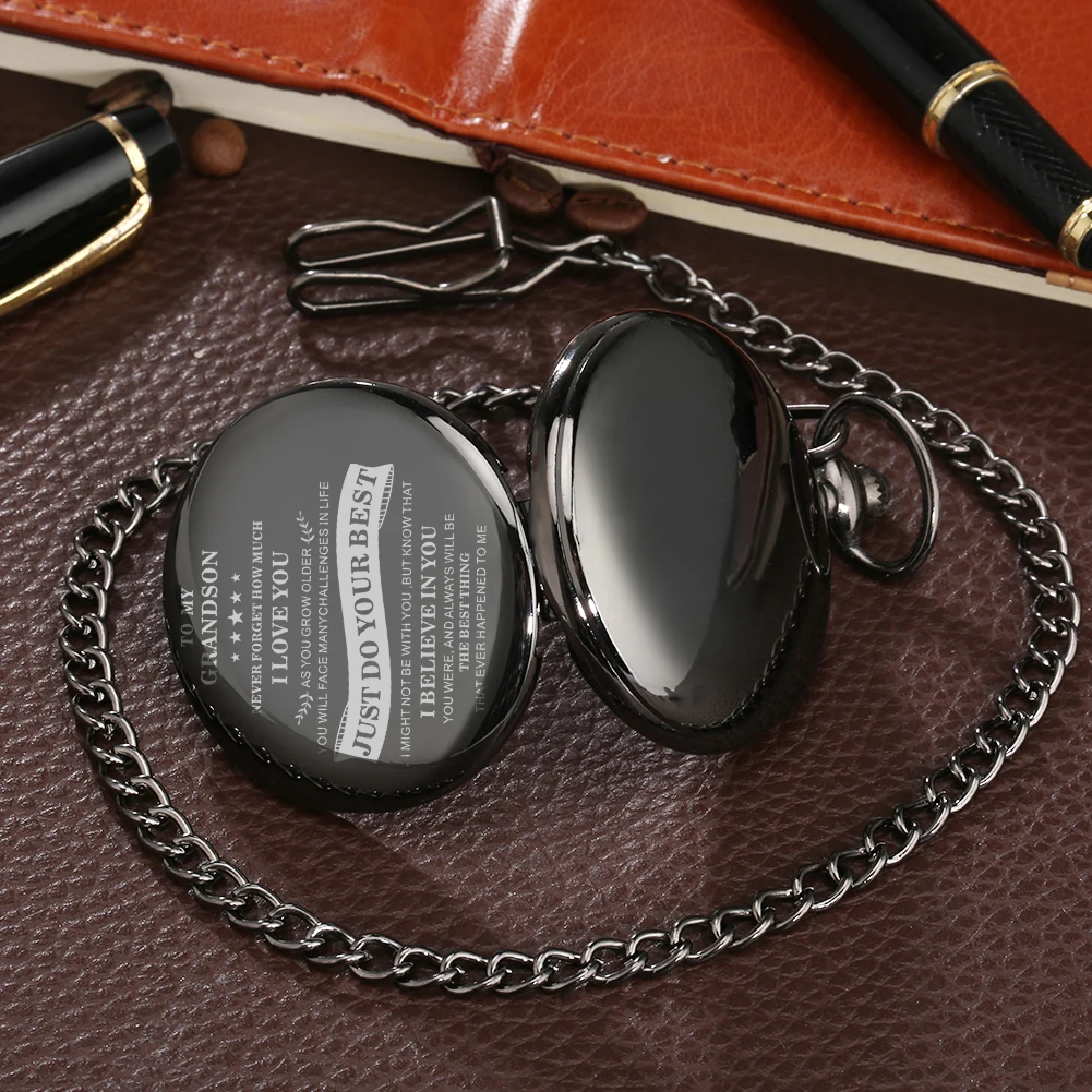 Pocket Watch Gift Set To My Grandson Men Quartz Numerals Dial Thick Chain Pendant Men's Black Leather Wallet Present for Boys