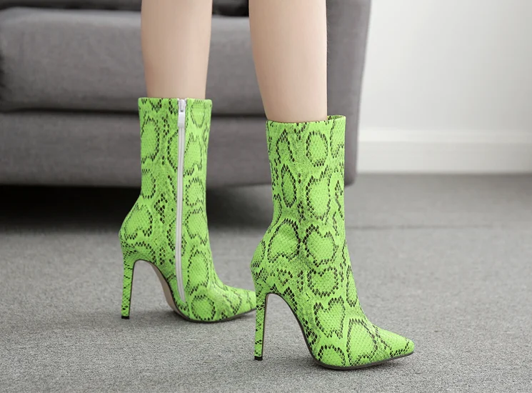 Meilikelin2020 Women High Heels Boots Fetish Stripper Green Serpentine Zip Stiletto Ankle Autumn Snake Print Shoes | Обувь
