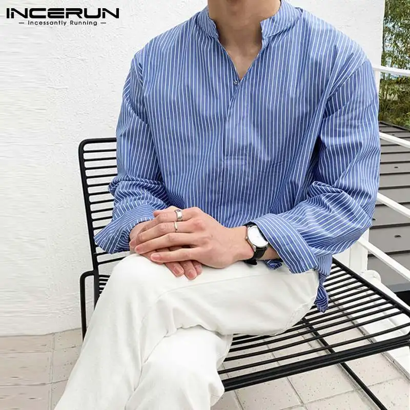 

2022 Fashion Men Striped Shirt V Neck Long Sleeve Loose Streetwear Casual Blouse Spring Tops Leisure Camisas Hombre 5XL INCERUN