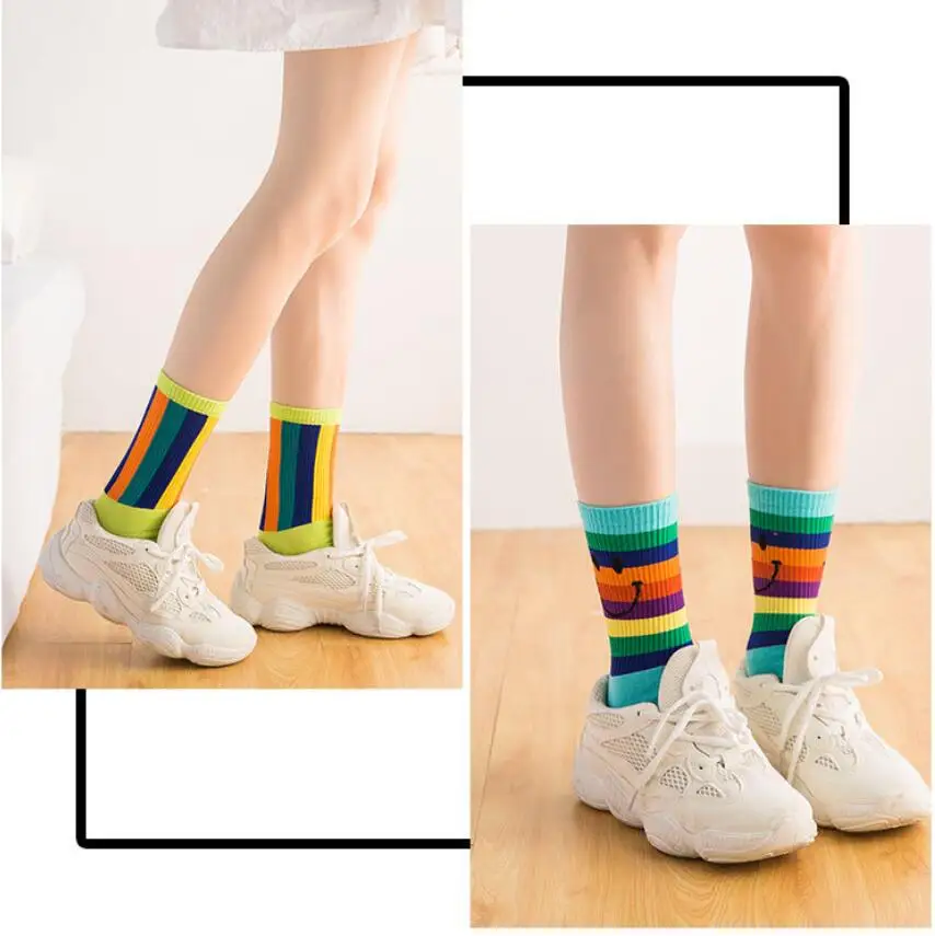 Women Solid Cotton Rainbow Prints Crew Socks Girls Simle Face Multi Color Sock Short Winter Socks Striped Ankle Socks 5pairs/lot