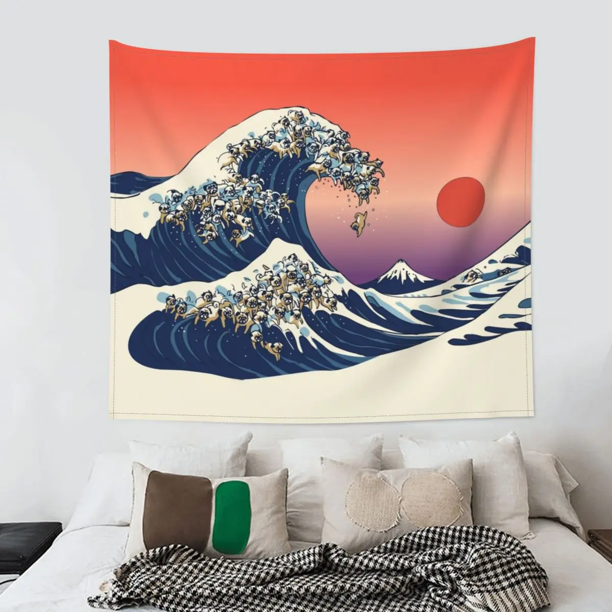Гобелен в стиле хиппи с изображением большой волны мопса полиэстер настенный