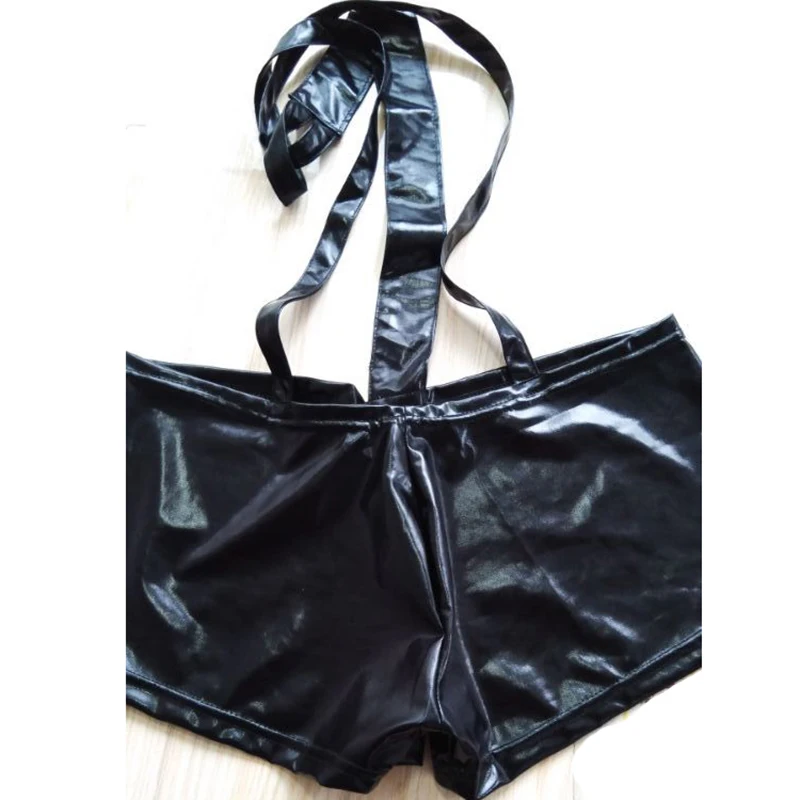 Черные сексуальные шорты из лакированной кожи для мужчин Wetlook подтяжки
