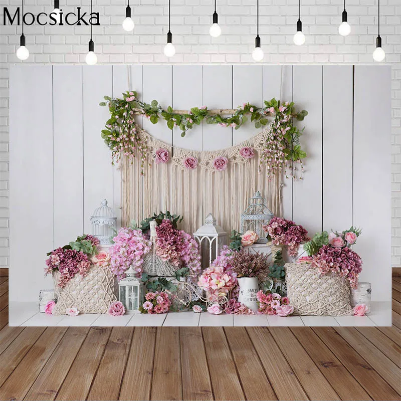 

Bohemian Style Spring Backdrops Fresh Flowers White Wooden Board Photography Background Birthday Cake Smash Props Photo Studio