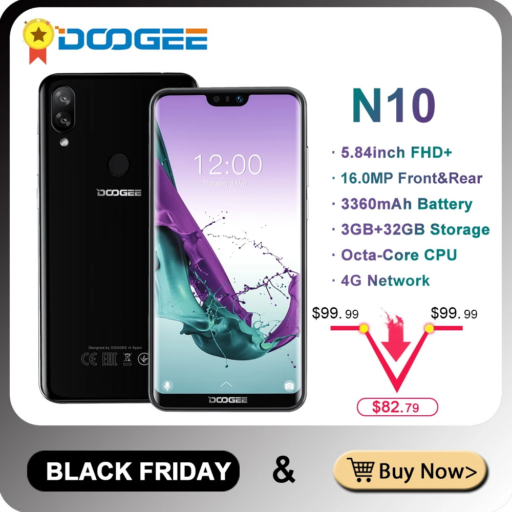 DOOGEE N10 смартфон с восьмиядерным процессором FHD + 19:9 ОЗУ 3 ГБ ПЗУ 32 5 84 дюйма 16 Мп 3360