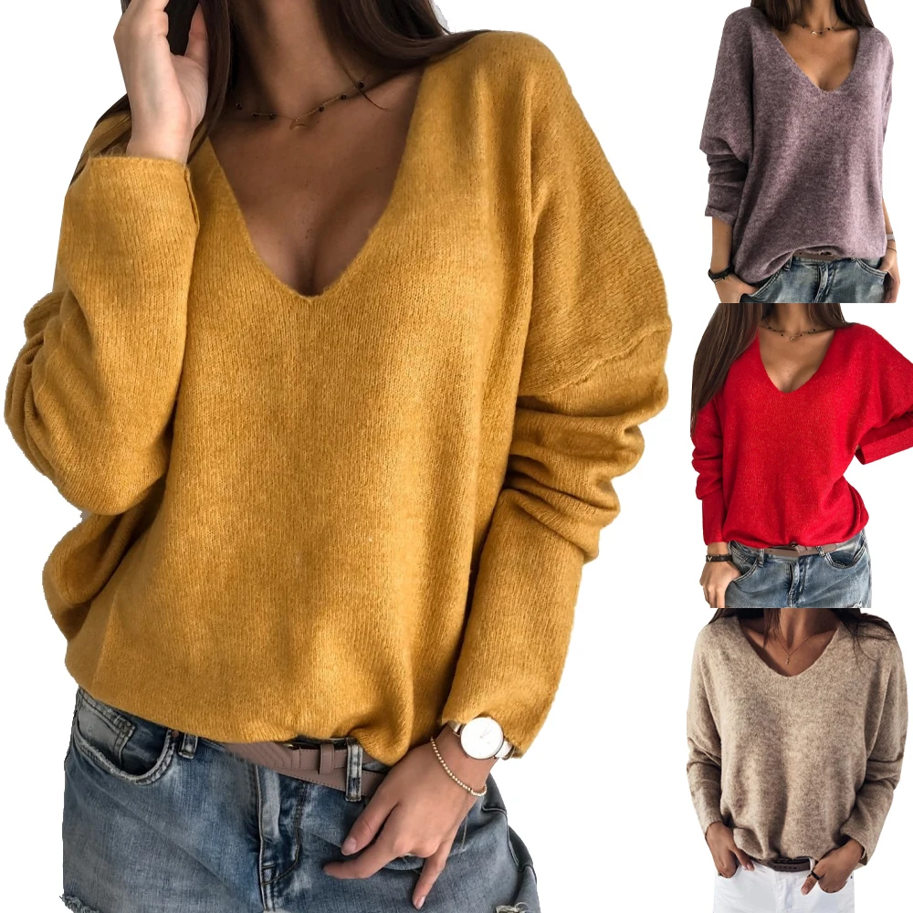 

Женский Однотонный свитер с V-образным вырезом и длинным рукавом
