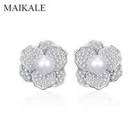 maikale silver color flower shape stud earrings with pearl aaa cubic zirconia gold silver color korean earrings for women gift