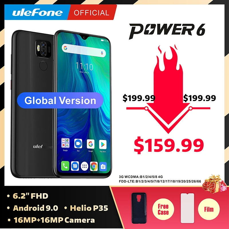 Смартфон Ulefone power 6, Android 9,0 Helio P35, четыре ядра, 6350 мАч, 6,3 дюйма, 4 ГБ, 64 ГБ, 16 МП, face ID, NFC, 4G, LTE, мобильные телефоны