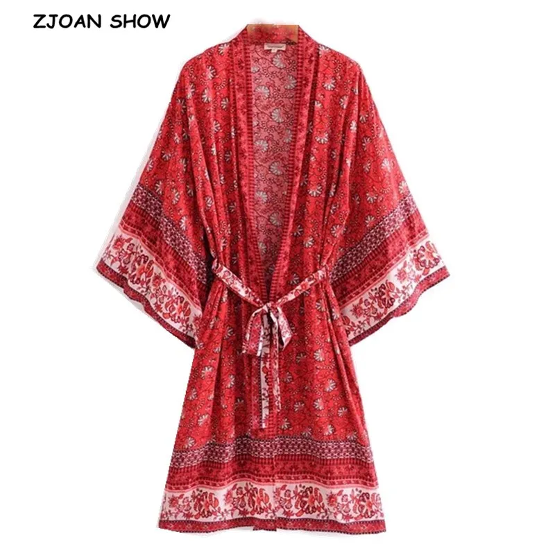 Осень богемный V шеи красный цветочный принт длинное кимоно рубашка Этническая