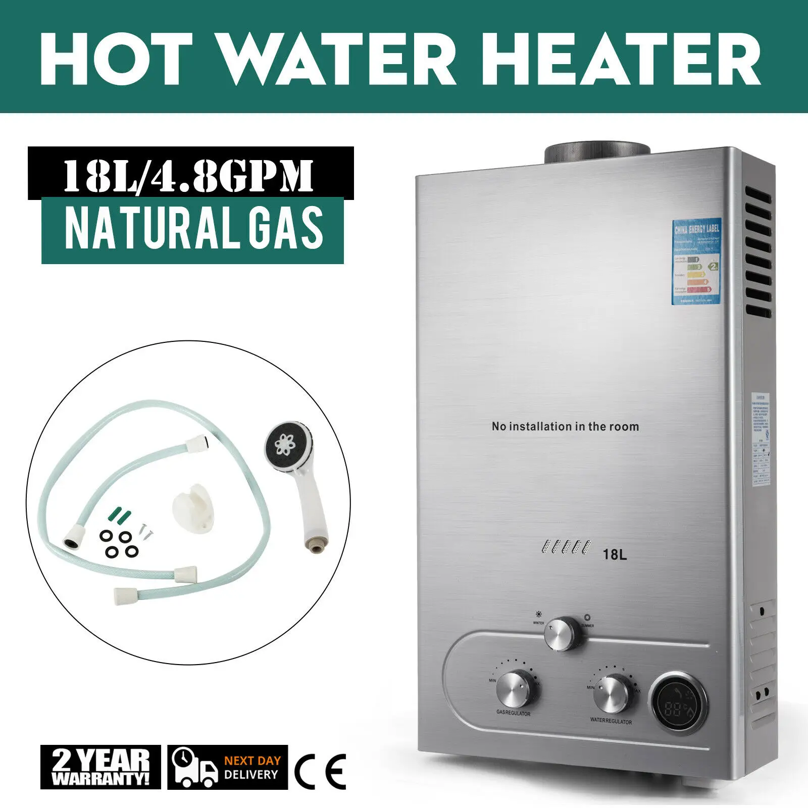 

18L 4.8GPM 36KW LNG Tankless Instant Boiler Natural Gas Water Heater with Shower Head Kit Wall-Mounted Water Heater