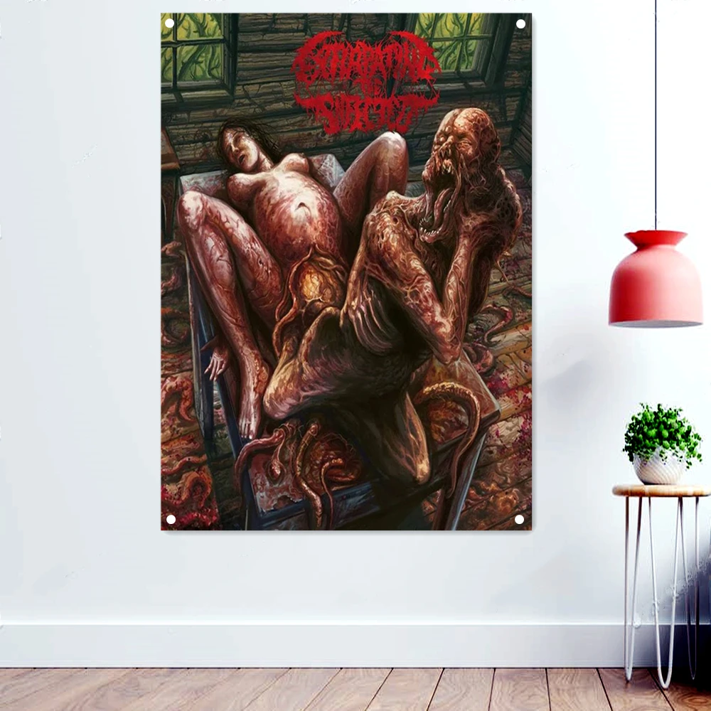

The Devil is Born Rock Music Banners Flags Scary Bloody Skeleton Wall Art Vintage Death Metal Artworks Posters Prints Painting