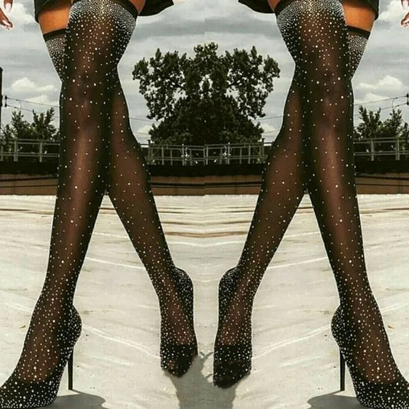 Женские сапоги выше колена со стразами на высоком эластичном каблуке Лето