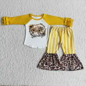 2021 Girls Clothes Wild And Free Sunflower Bull Pattern With Yellow And White Stripes And Leopard Print Pants Kids Clothing