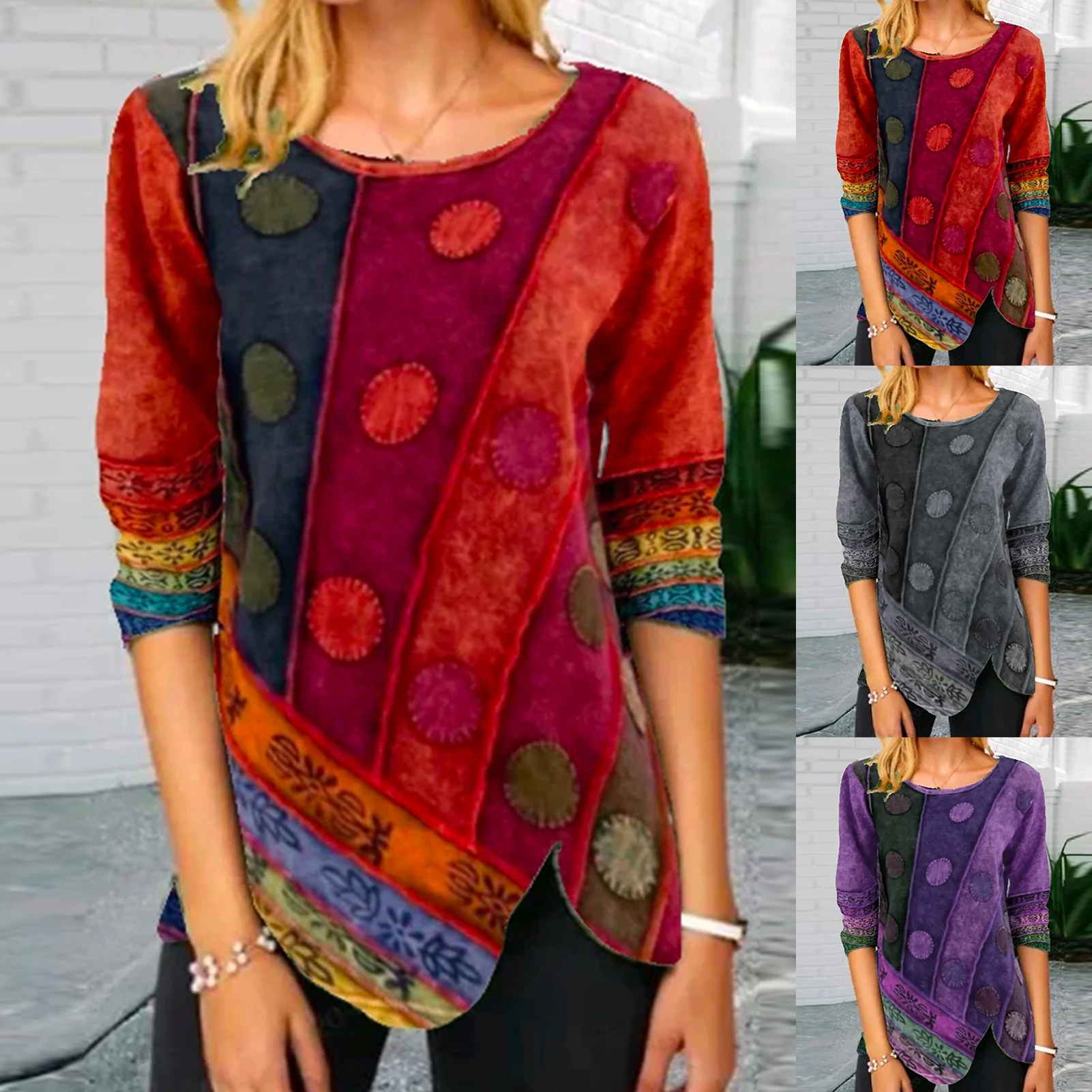 Осенняя блузка для waman в стиле ретро с асимметричным подолом и круглым вырезом