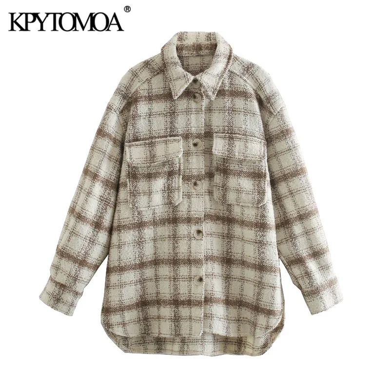 

KPYTOMOA Women 2021 Fashion With Pockets Loose Tweed Jacket Coat Vintage Long Sleeve Side Vents Female Outerwear Chic Tops