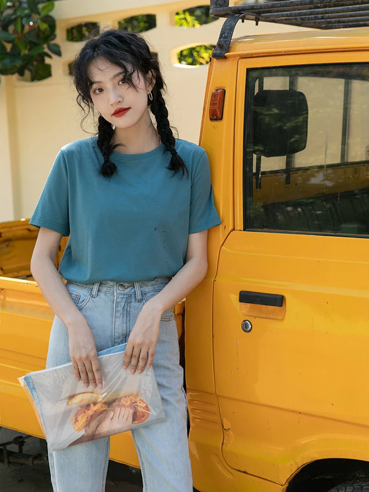 Однотонная футболка из чистого хлопка с коротким рукавом Женский Летний Тонкий