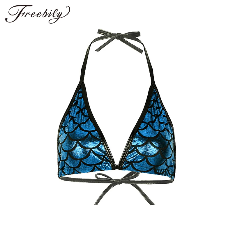 

Women Shiny Metallic Mermaid Fish Scale Printed Halter Tie Up Bralette Sexy Tops Festival Rave Performance Pole Dance Costume