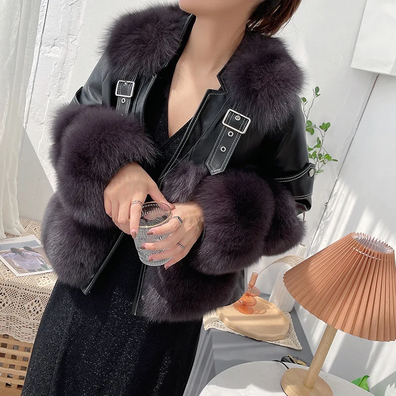 

Russian Genuine Leather 2021 Winter Luxury Full Pelt Fox Fur Coat Women Parka Fashion Motorcycle Patchwork Sheepskin Warm Jacket