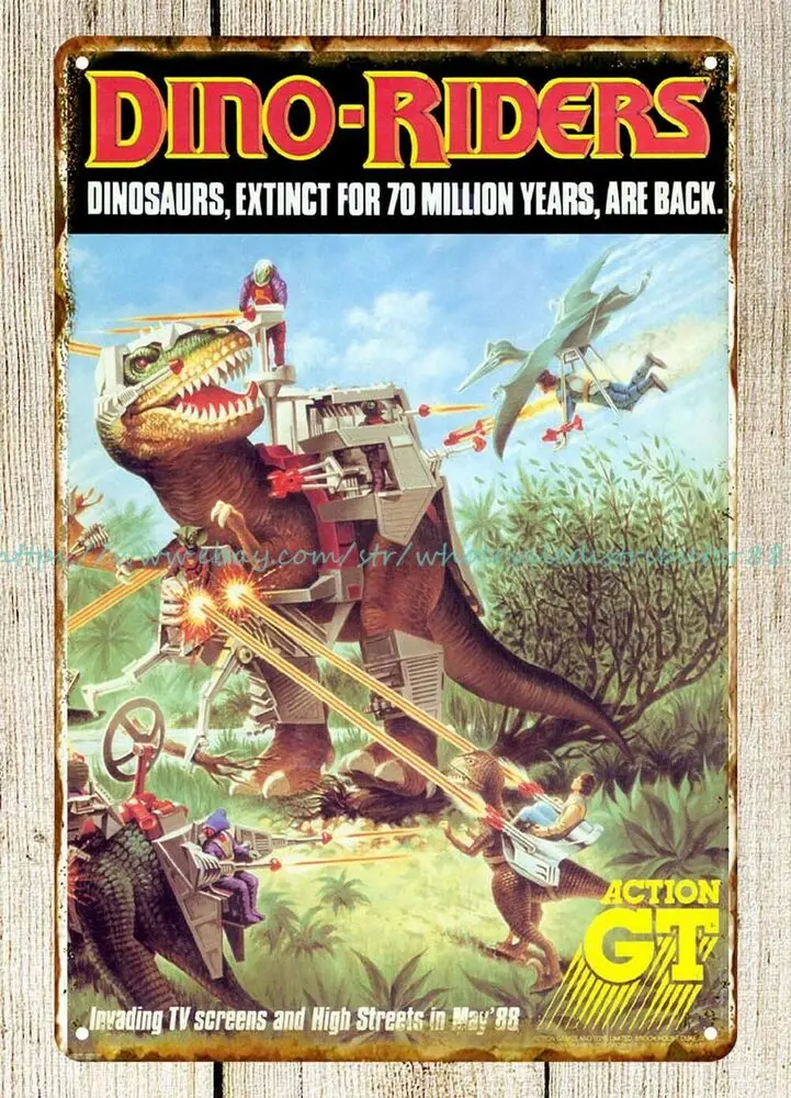 Металлическая жестяная вывеска в стиле ретро Action GT - Dino-Riders 1988 | Дом и сад