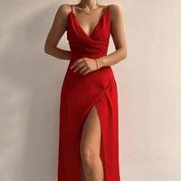 2022 summer new fashion women draped slit sexy club party dresses elegant v neck spaghetti strap backless wrap midi dress