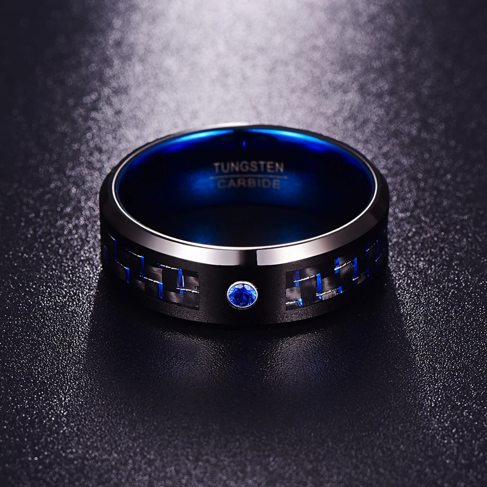 Мужское кольцо из карбида вольфрама 8 мм NUNCAD синее полированного углеродного