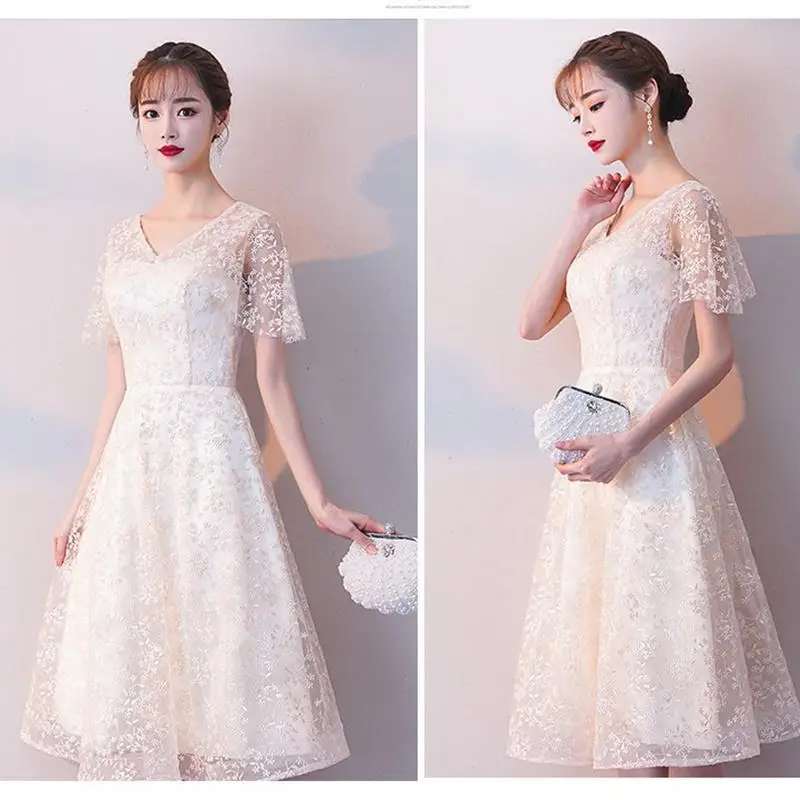 

White V-neck 2021 New Temperament Banquet Show Thin Bridesmaids Women Party Evening Dress Super Fairy
