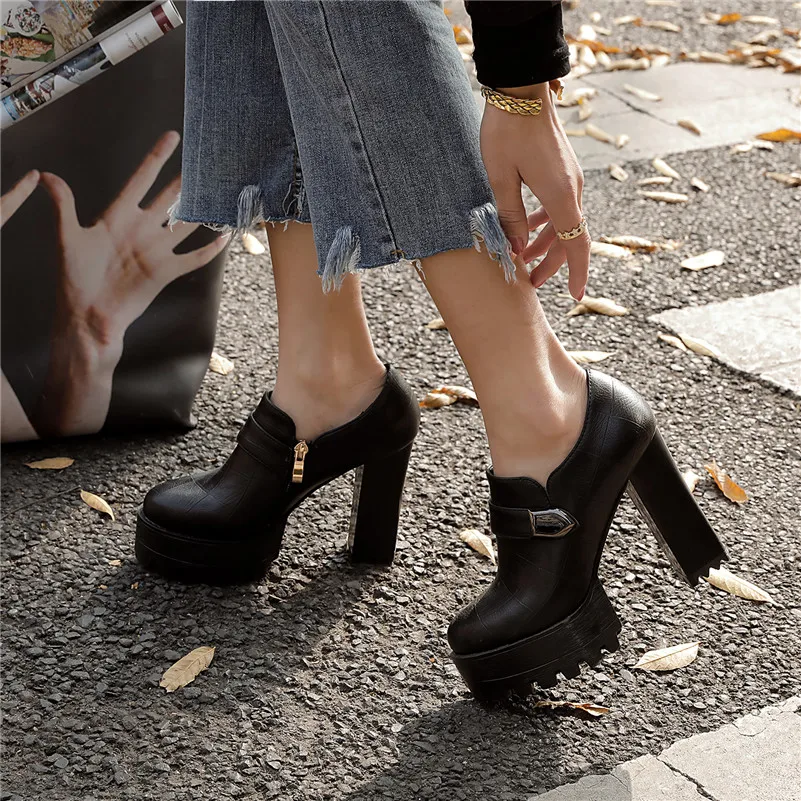 

Meotina High Heels Women Pumps Buckle Platform Thick Heels Shoes Zipper Extreme High Heel Shoes Ladies New Spring Big Size 33-42