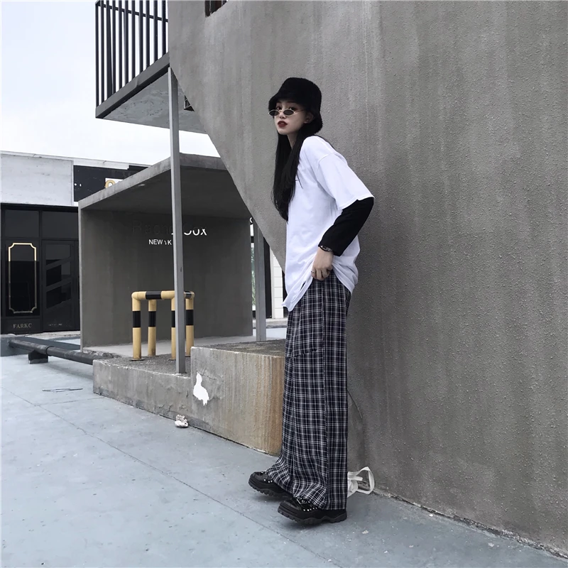 Harajuku брюки унисекс с клетчатым узором свободные длинные женские мужские штаны верхняя одежда Лоскутные Брюки уличная хипстерская осенняя одежда для пар