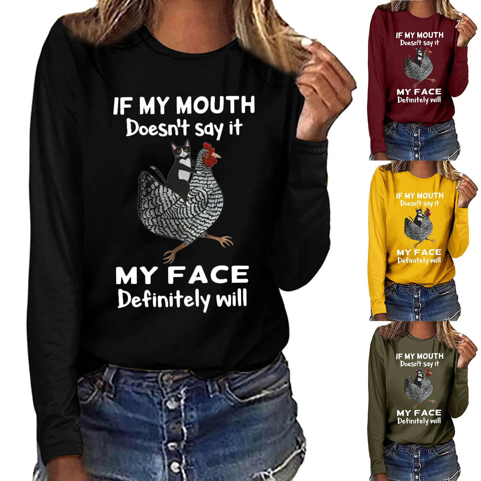 

Женская футболка с длинными рукавами и круглым вырезом; Милая футболка с принтом петуха; Однотонная универсальная повседневная трикотажна...