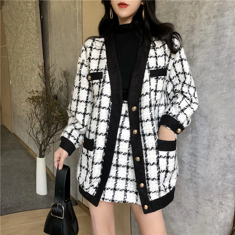 

2021 Autumn Winter Fashion 2 Piece Set Women Long Sleeve Tweed Wool Jacket Coat+Mini Wool Skirt Set Ladies Vintage Clothing Sets