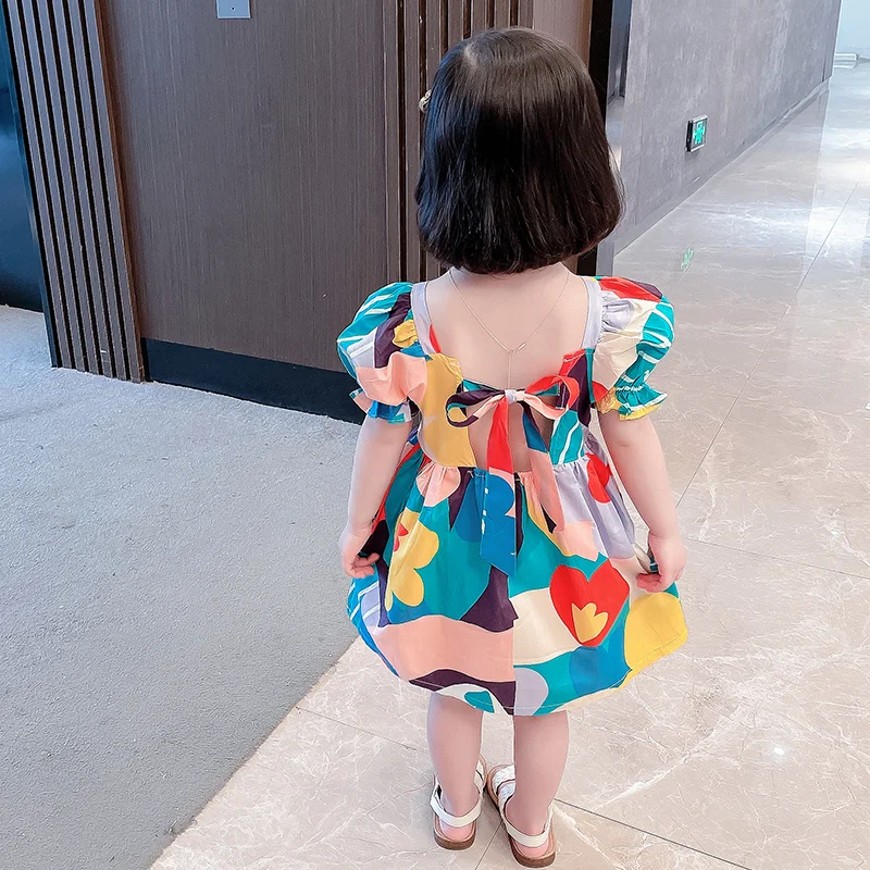 

Summer New Fashion Girls Puff Sleeve Cute Dresses Kids Square Collar Print Dress Baby Children Short Sleeve Clothing
