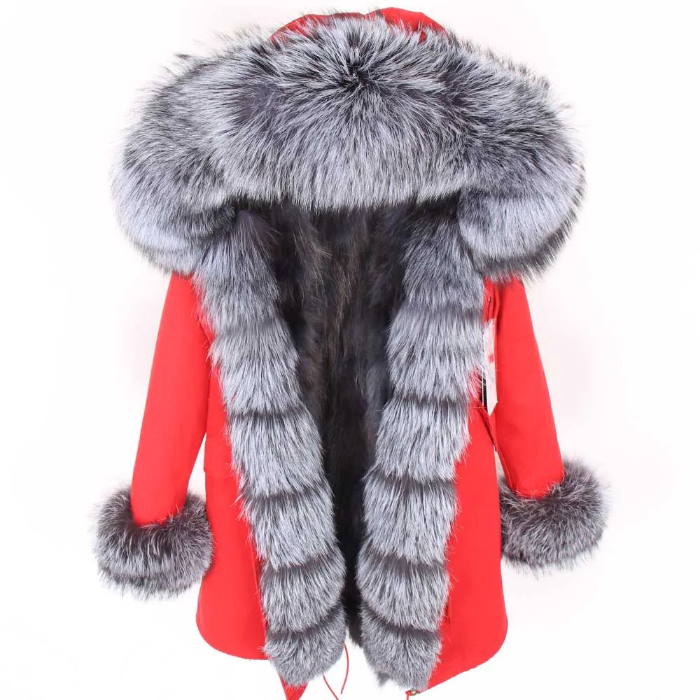 red silver fox Брендовая зимняя женская куртка, длинная шуба из натурального Лисьего меха, женские теплые меховые куртки, воротник из натурального меха енота, парка с подкладкой из натурального меха - Цвет: red silver fox