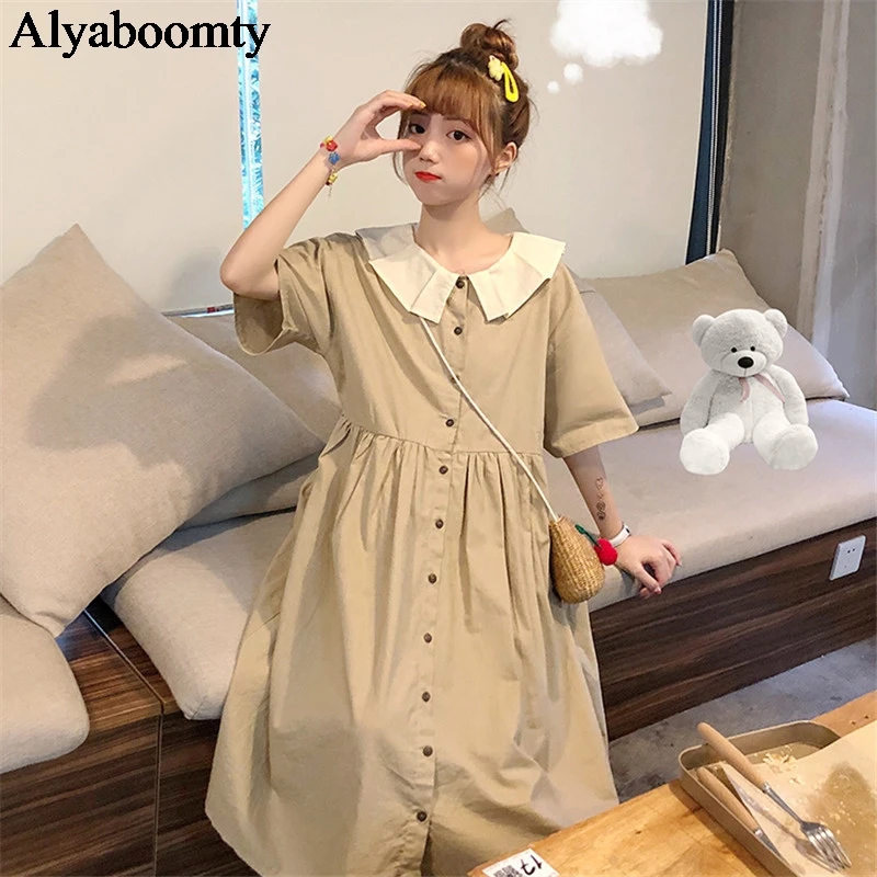 Летнее женское платье рубашка в японском консервативном стиле с воротником