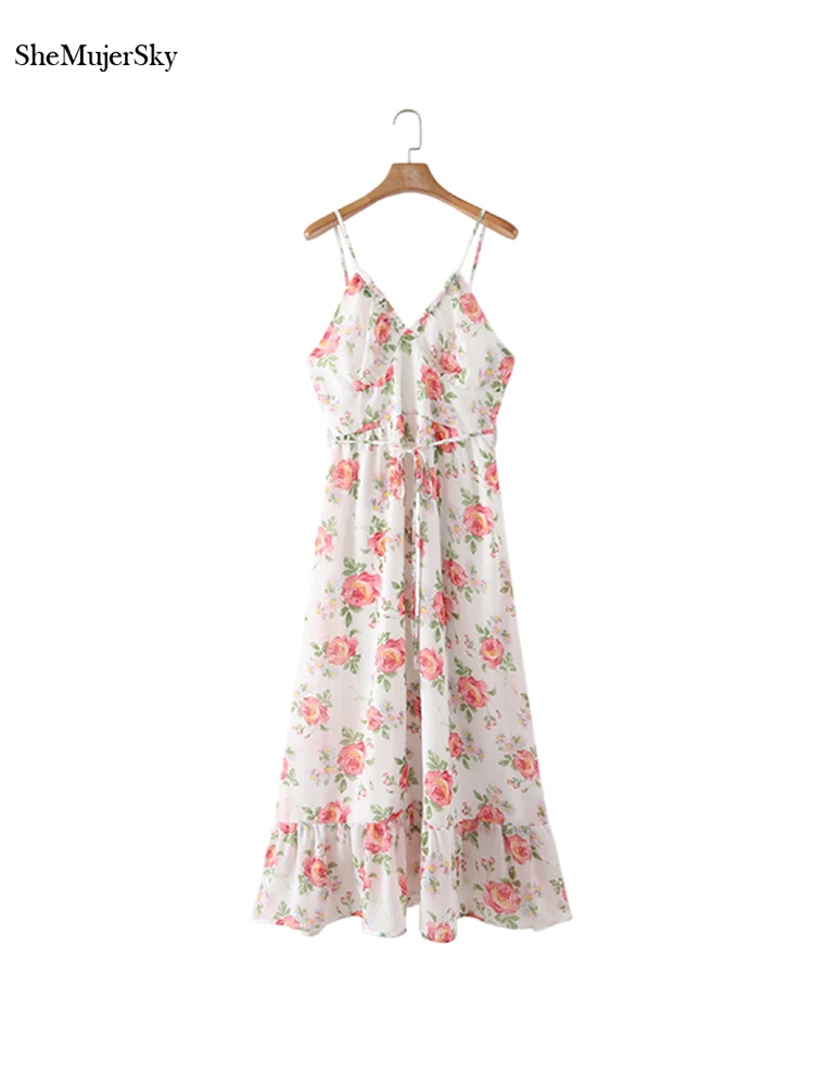 

SheMujerSky Summer Elegant Spaghetti Strap Chiffon Dress Women Sleeveless A-line Midi Dresses 2022