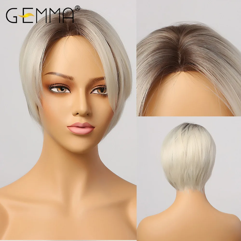 

Короткие прямые парики GEMMA с эффектом омбре, черные, коричневые, светлые, белые парики для женщин, синтетические волосы с боковой частью, пар...