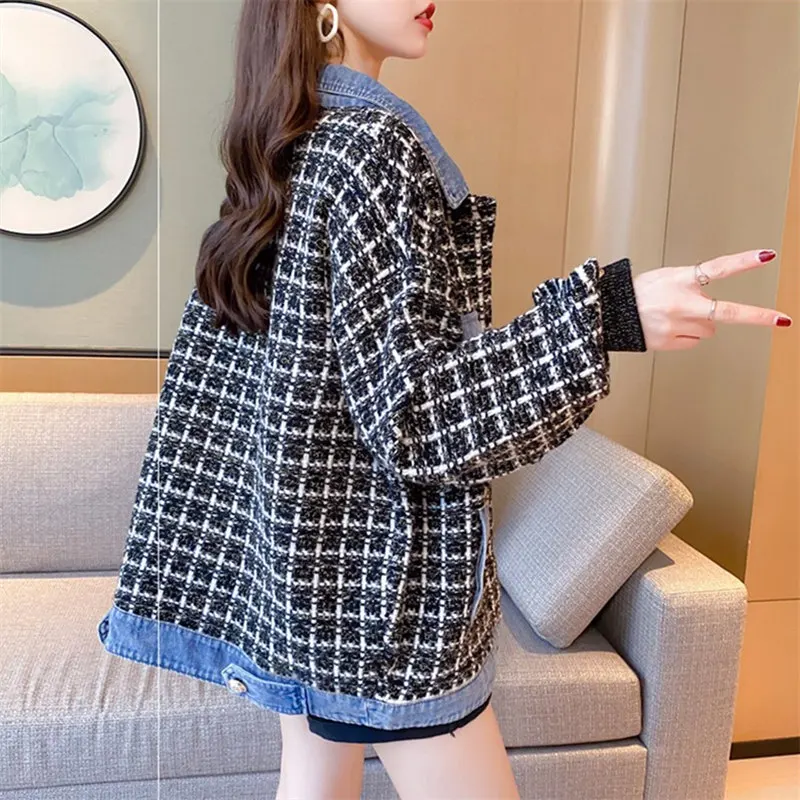 

Spring Autumn knitted Sweater Jacket Women Fashion Denim Spliced Pocket Lapel Cardigan Coat Female Loose Casual Knit Sweater