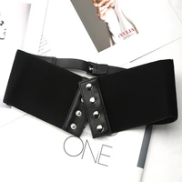 three row pin buckle pu leather waistband high elastic wide belt for women fashion solid color simple elastic wide belt