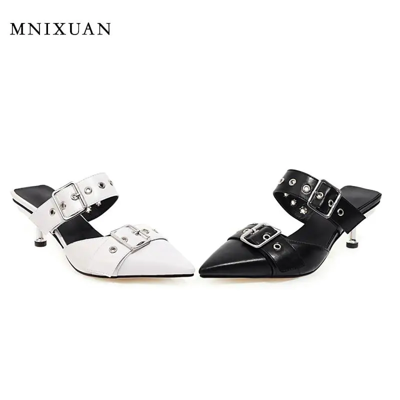 MNIXUAN Classics women mules slippers summer outdoor 2020 new covered pointed toe pumps high heels buckle sandals size 46 | Обувь
