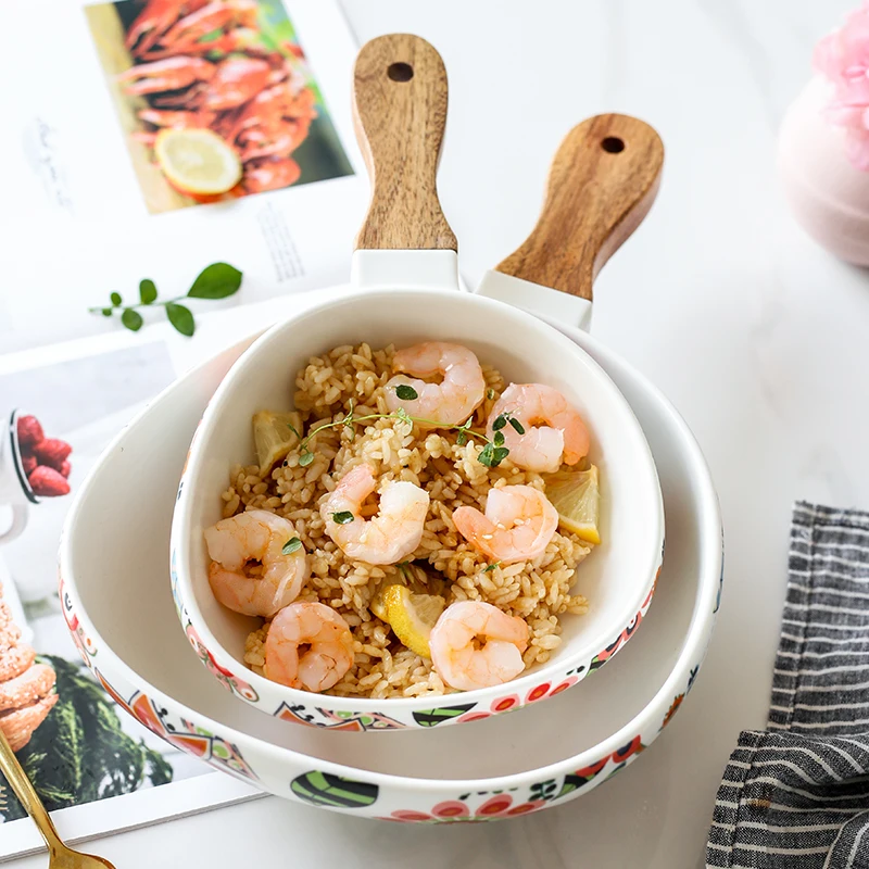 

Nordic flower color glaze bowl with handle ceramic tebleware noodle pasta bowl dessert bowl home creative fruit bowls