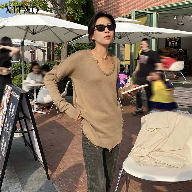 

XITAO Tassel Knitting Sweater Solid Vintage O-neck Collar Pullover Women 2021 Autumn Winter New Slit All-match Top WMD4065