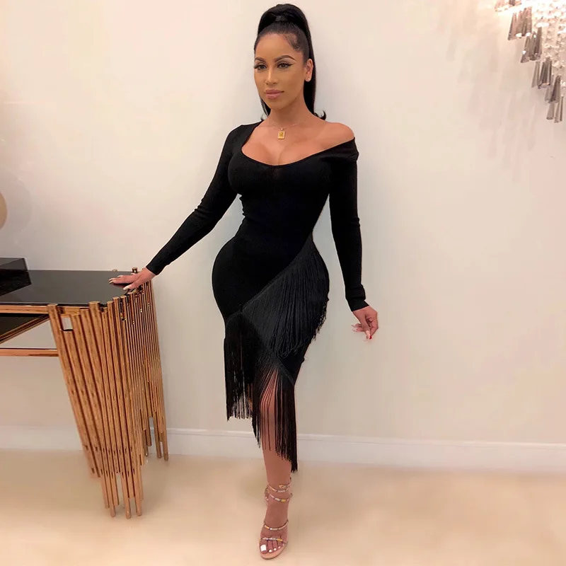 Осеннее сексуальное длинное платье с длинным рукавом и кисточками для женщин