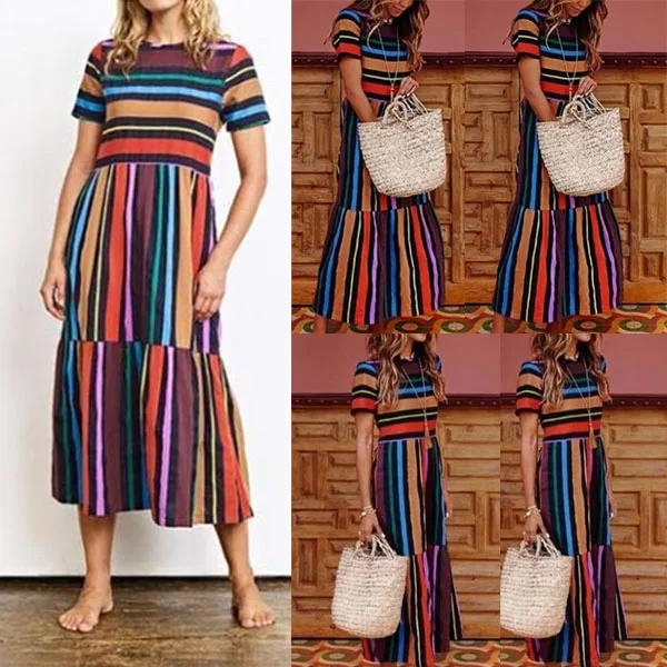 Женское летнее длинное платье макси в радужную полоску с коротким рукавом модный