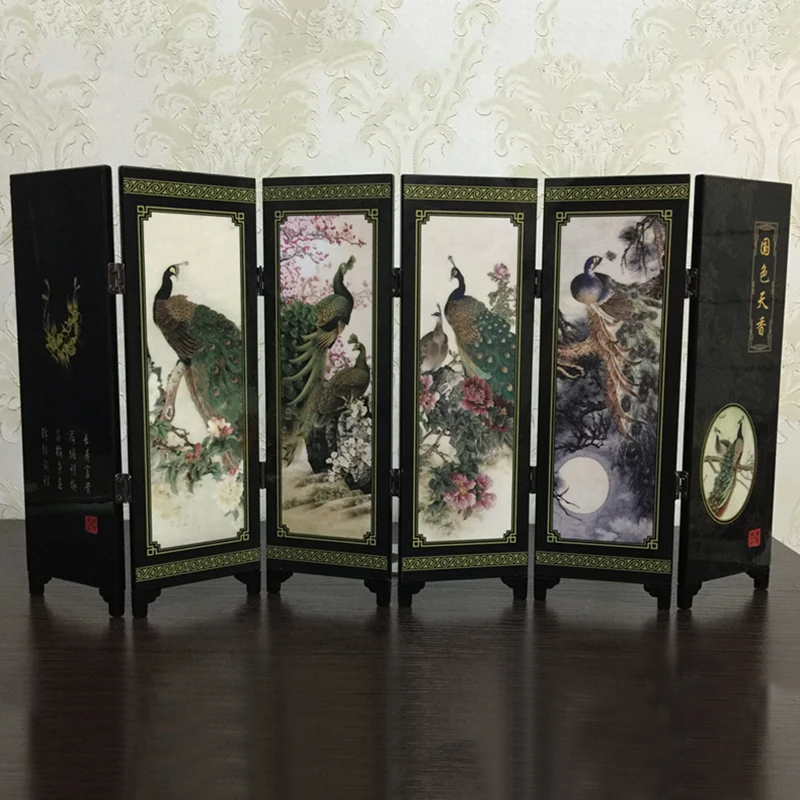 

6-Panel Mini Peacock Screen Room Divider Wood Folding Partition Screen 48*24*0.6cm Home Wedding Screen Decoration