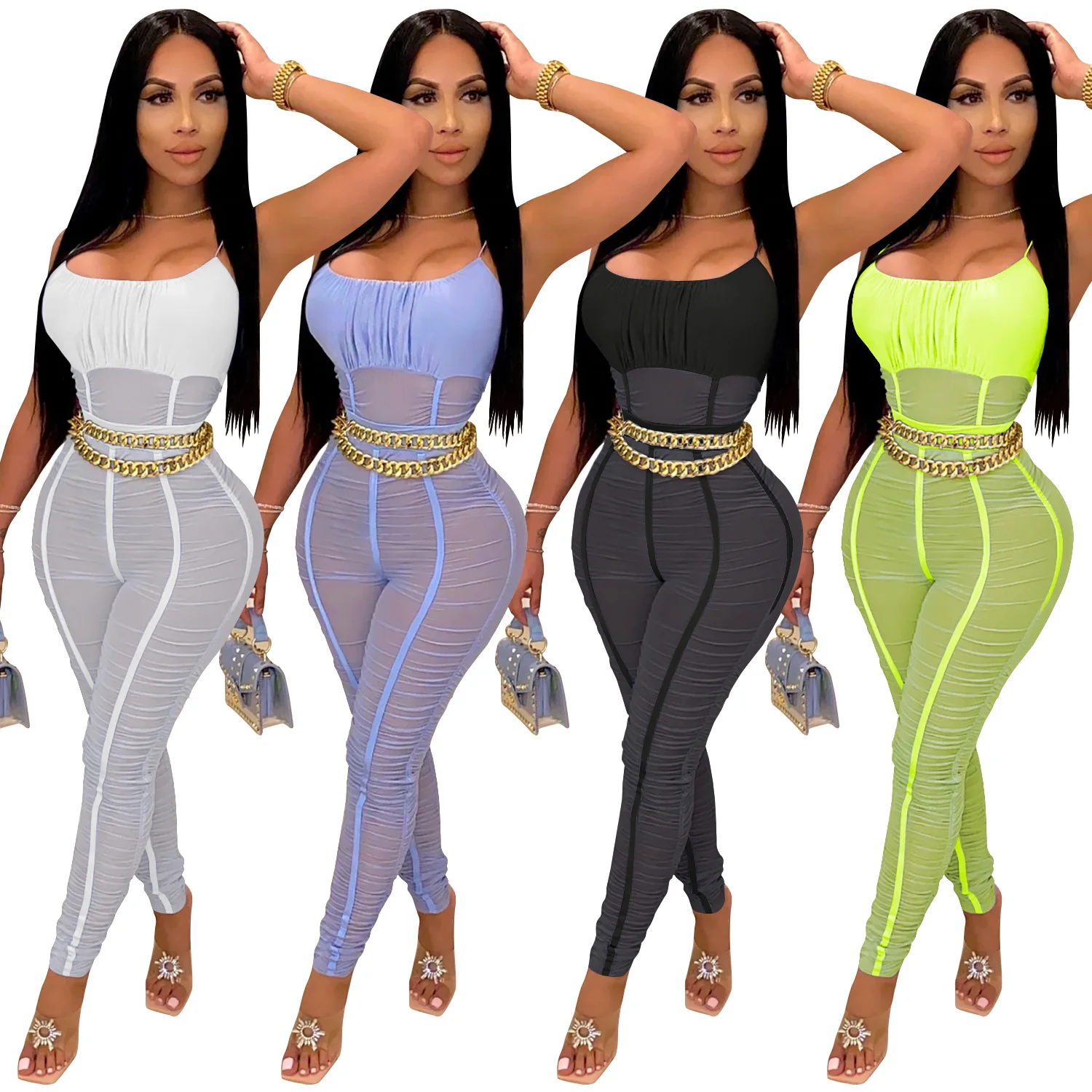 

Monos Mujer Mesh See Though Rompers and Jumpsuits Spaghetti Strap Club Women Jumpsuit Stacked Sexy Party Jumpsuit Romper mono